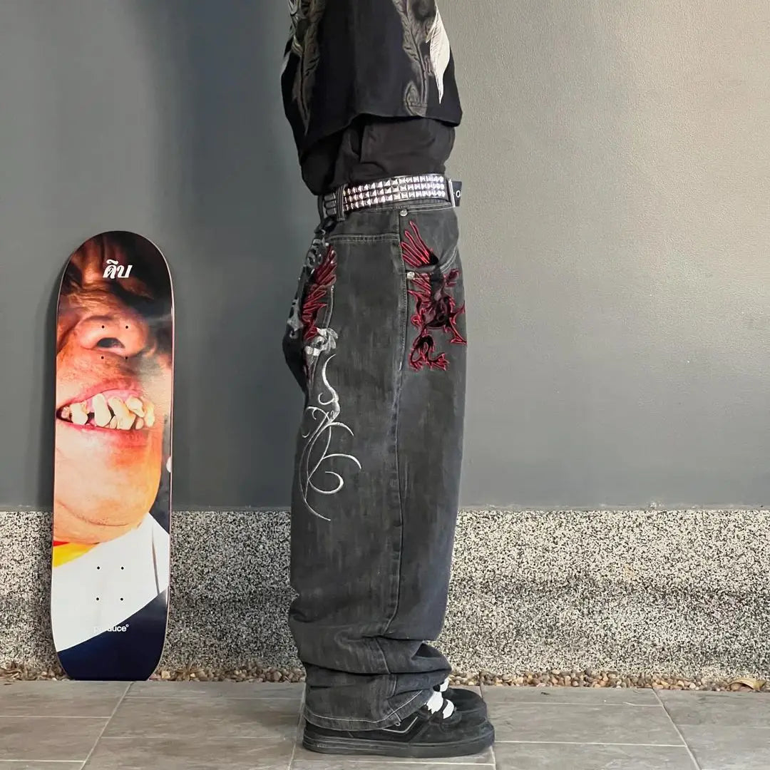 Y2K New Street Harajuku Pattern Jeans Black Baggy Jeans Hip Hop Retro Style Denim Pants Men'S and Women'S High Waist Wide Pants