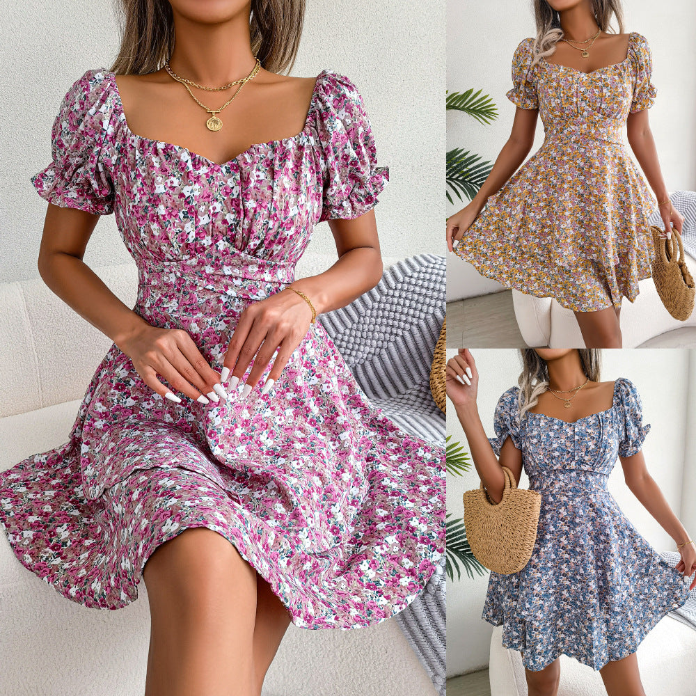 Women Mini Dress Temperament Big Swing Loose Hem Flower Print Shirring Dress up Short Sleeves High Waist Summer Dress Clothes