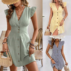 Summer V-neck Single-breasted Fly-sleeve Women's Shirt Dresses With Elegant Splicing Stripe Printing Beach Style Dress
