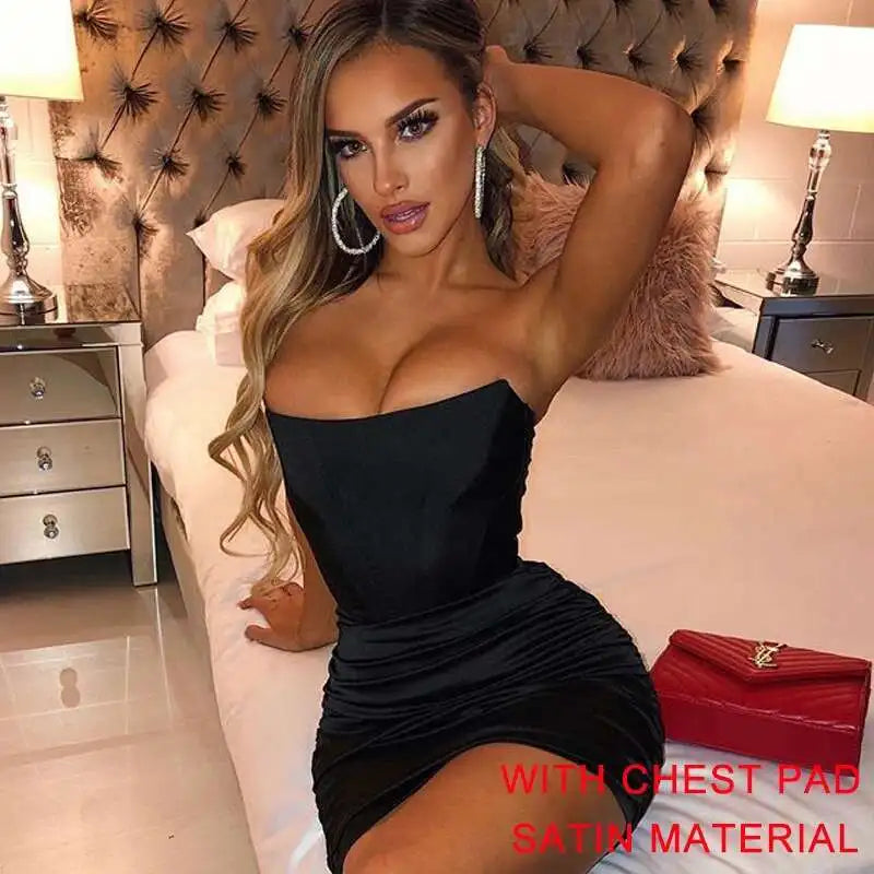 Night Club Party Woman Dress Sexy Bodycon Glitter Strapless Mini Short Prom Robe 2025 Summer Elegant Ruched Black Vestidos