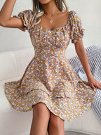 Women Mini Dress Temperament Big Swing Loose Hem Flower Print Shirring Dress up Short Sleeves High Waist Summer Dress Clothes