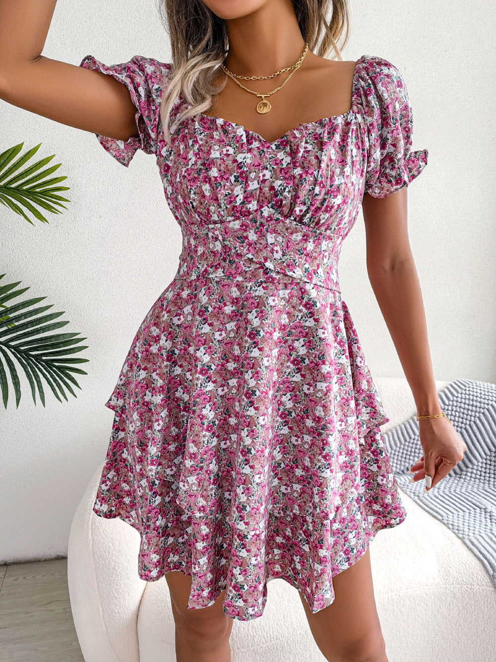 Women Mini Dress Temperament Big Swing Loose Hem Flower Print Shirring Dress up Short Sleeves High Waist Summer Dress Clothes