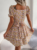 Women Mini Dress Temperament Big Swing Loose Hem Flower Print Shirring Dress up Short Sleeves High Waist Summer Dress Clothes