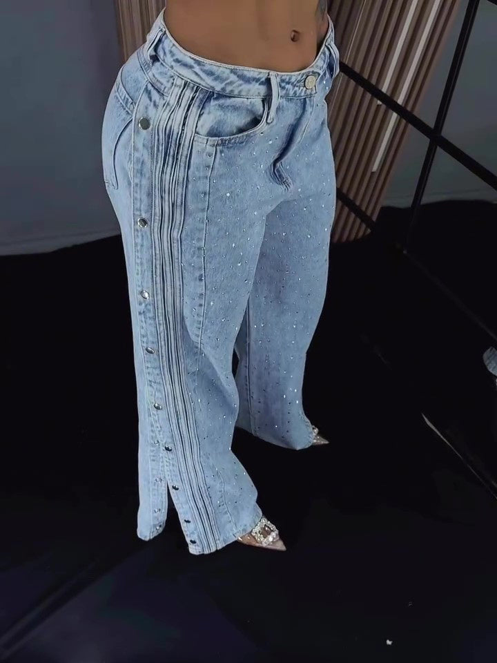 Jeans tendance à boutons en polyester et strass