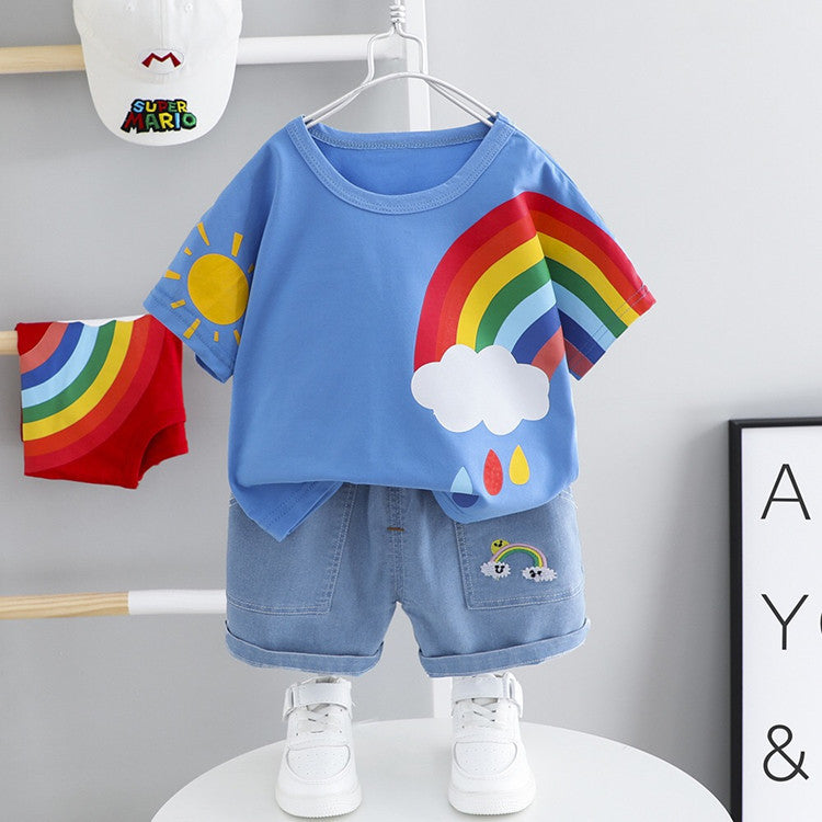 Boys And Girls Short-sleeved Denim Five-point Pants Two-piece Cute Pants Suit Cotton Short-sleeved