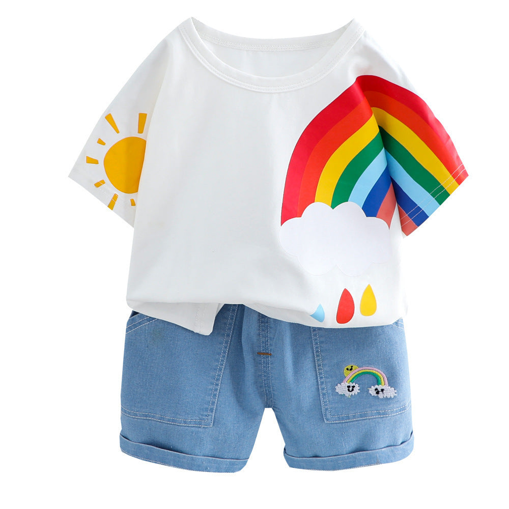 Boys And Girls Short-sleeved Denim Five-point Pants Two-piece Cute Pants Suit Cotton Short-sleeved
