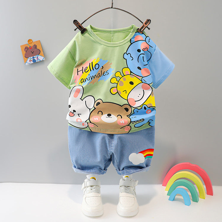 Boys And Girls Short-sleeved Denim Five-point Pants Two-piece Cute Pants Suit Cotton Short-sleeved