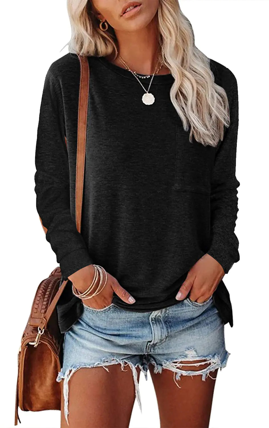Pocket Split Long-sleeved Casual T-shirt