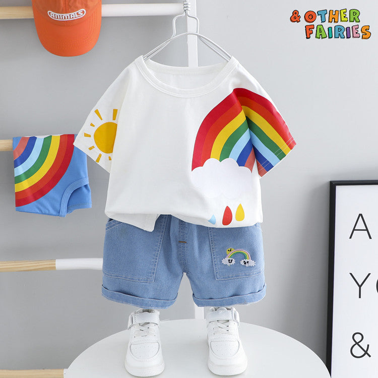 Boys And Girls Short-sleeved Denim Five-point Pants Two-piece Cute Pants Suit Cotton Short-sleeved