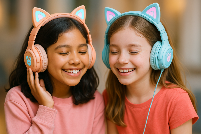 deux filles qui écoutent de la musique avec ce produit Casque Bluetooth à oreilles de chat mignon
