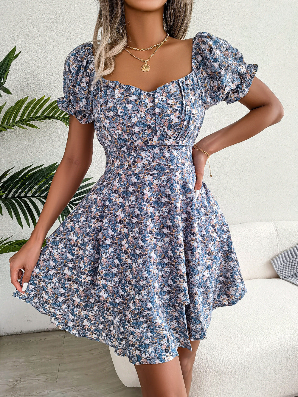 Women Mini Dress Temperament Big Swing Loose Hem Flower Print Shirring Dress up Short Sleeves High Waist Summer Dress Clothes