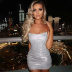 Night Club Party Woman Dress Sexy Bodycon Glitter Strapless Mini Short Prom Robe 2025 Summer Elegant Ruched Black Vestidos