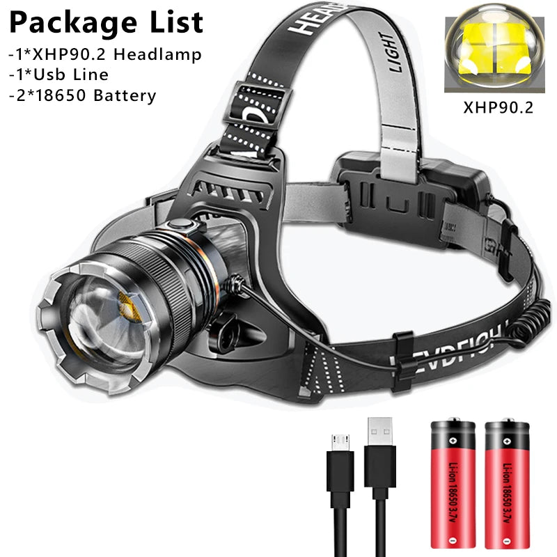 1000000LM LED Headlamp Sensor XHP90.2 Headlight with Built-In Battery Flashlight USB Rechargeable Head Lamp Torch Light Lantern