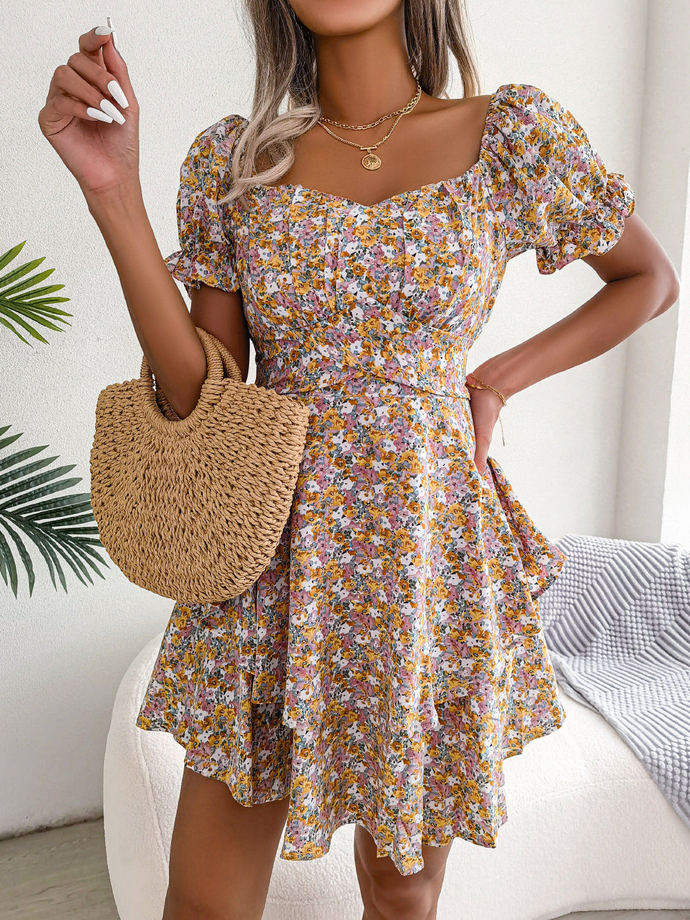 Women Mini Dress Temperament Big Swing Loose Hem Flower Print Shirring Dress up Short Sleeves High Waist Summer Dress Clothes