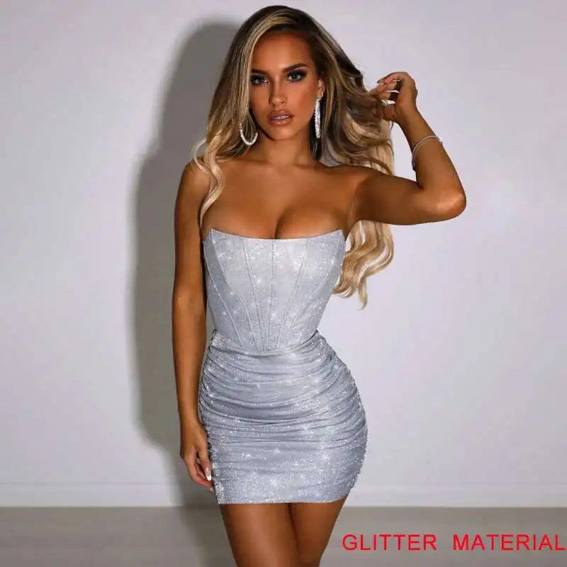 Night Club Party Woman Dress Sexy Bodycon Glitter Strapless Mini Short Prom Robe 2025 Summer Elegant Ruched Black Vestidos