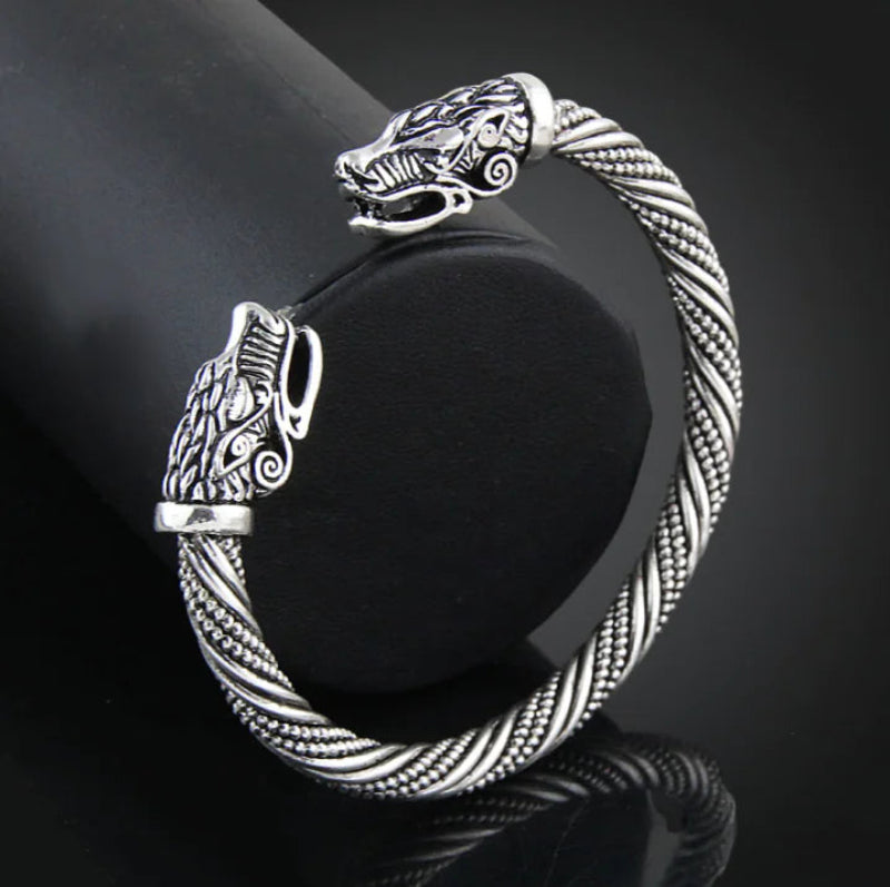 Bracelet Ouvert à Tête de Loup et Dragon