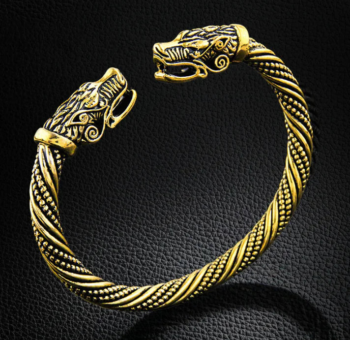 Bracelet Ouvert à Tête de Loup et Dragon