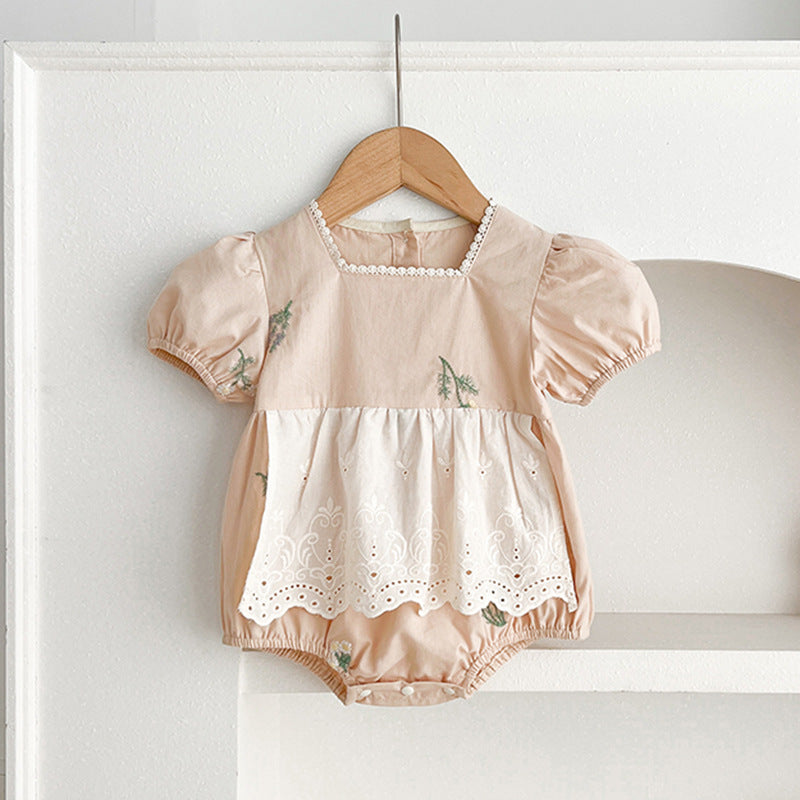 Summer Baby Girls French-style Flowers Embroidery Pattern Short-sleeved Onesies and Dress – Princess Sister Matching-1