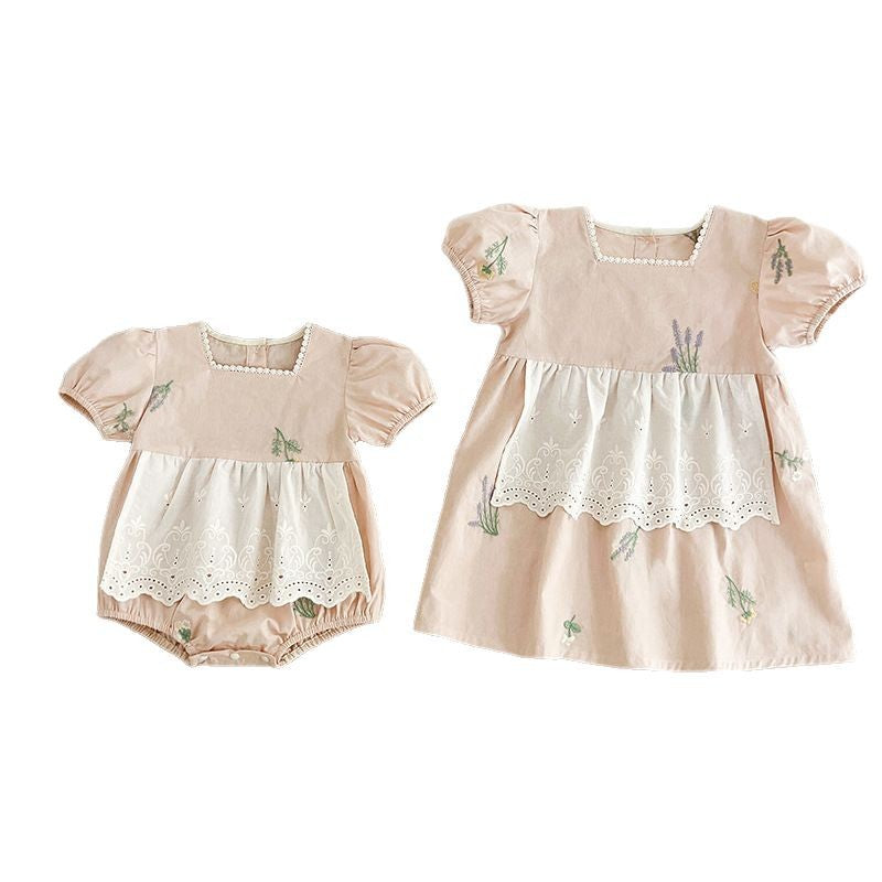 Summer Baby Girls French-style Flowers Embroidery Pattern Short-sleeved Onesies and Dress – Princess Sister Matching-2
