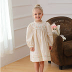 Arrival Autumn Girls Ruffle Neck Long Sleeves Flowers Embroidery Dress-2