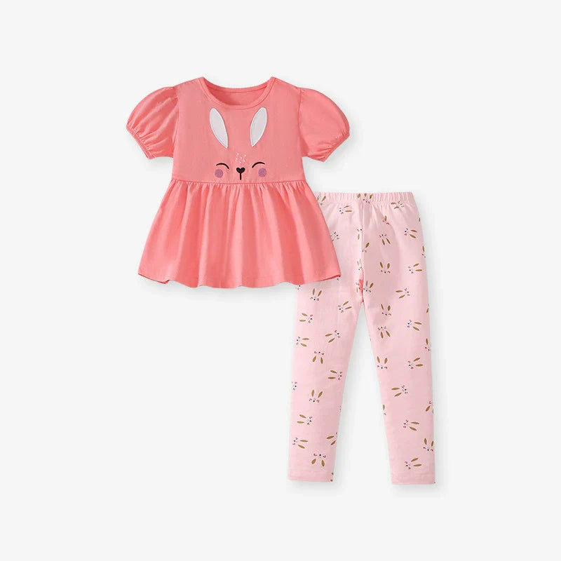 Summer Baby Kids Cartoon Rabbit Pattern T-shirt and Striped Pants Clothing Set for Girls-0