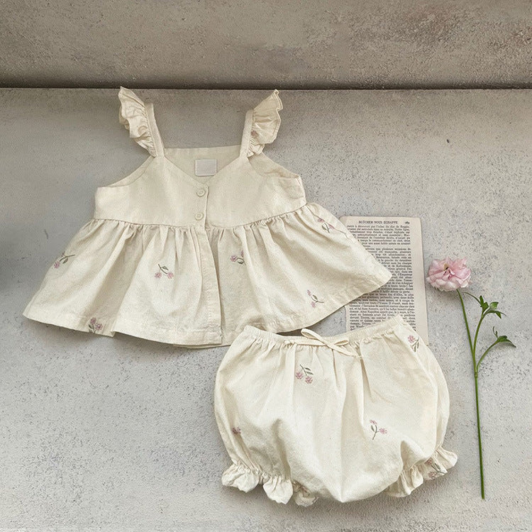 Baby Girl 1pc Floral Embroidered Graphic Ruffle Sling Tops & Shorts Sets-0