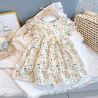 Baby Girl Floral Print O-Neck Puff-Sleeved Short Dress-0